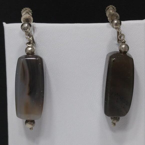 1950s Quartz Stone Earrings Silver Tone Screw Back Boho Natural Vintage - Picture 4 of 10